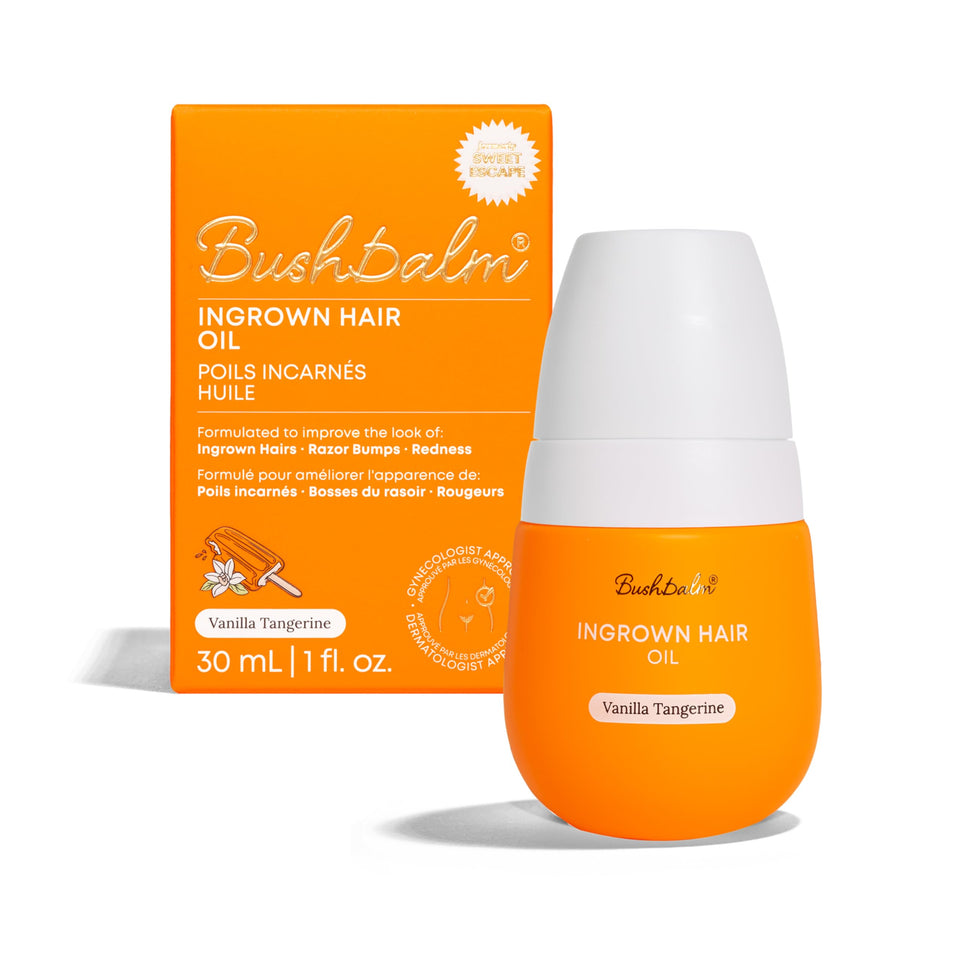 Bushbalm bottle front view showing vanilla tangerine scent and soothing benefits