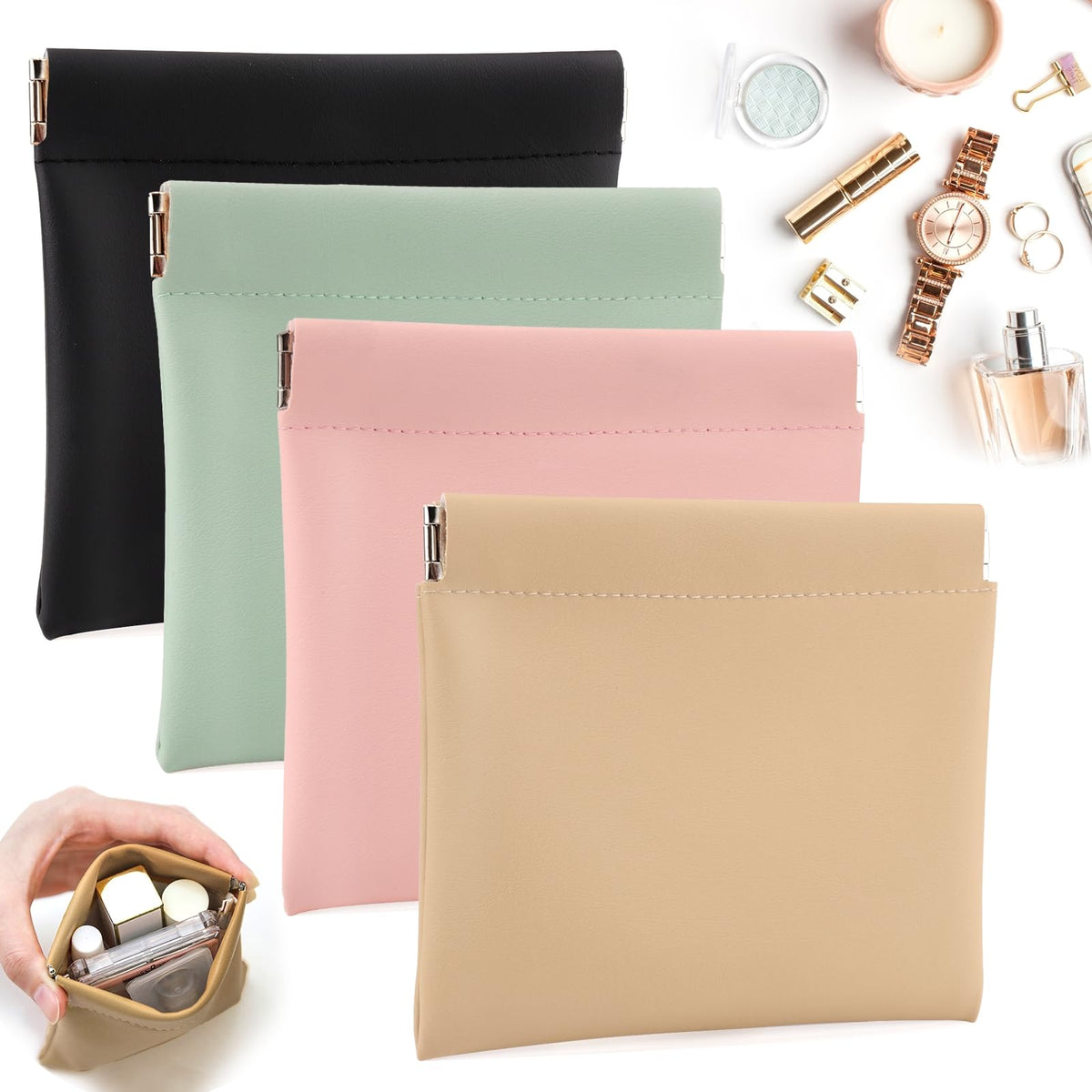 BUSOHA front view of four mini pouches showing color options and compact benefit