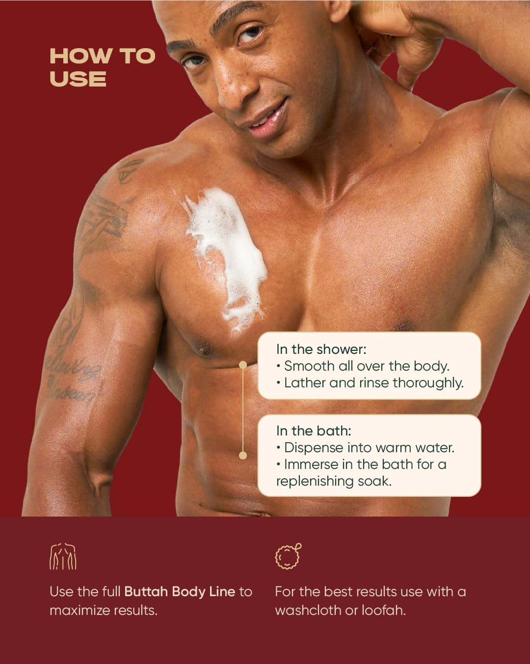 buttah. CocoShea in-shower use on loofah demonstrating gentle cleansing and quick rinse-off