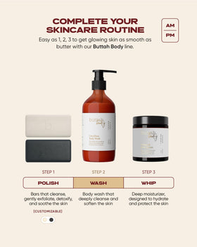 buttah. CocoShea lifestyle on bathroom shelf with towels showing curated skincare routine benefit