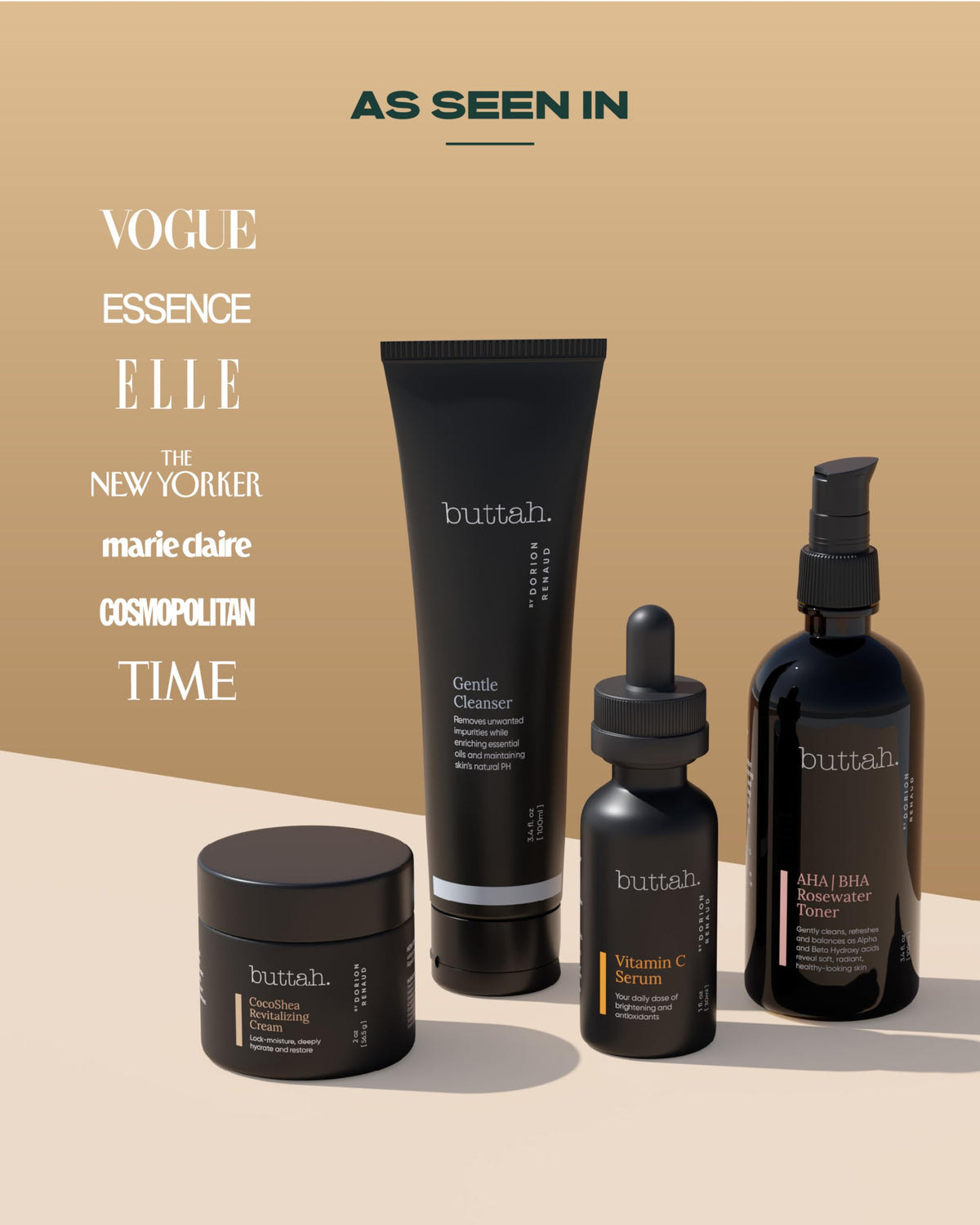 buttah. kit styled on bathroom counter for daily skincare routine