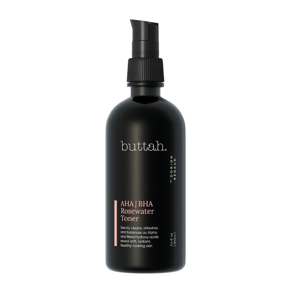 Buttah rosewater toner front packaging showing bottle and branding for calming effect