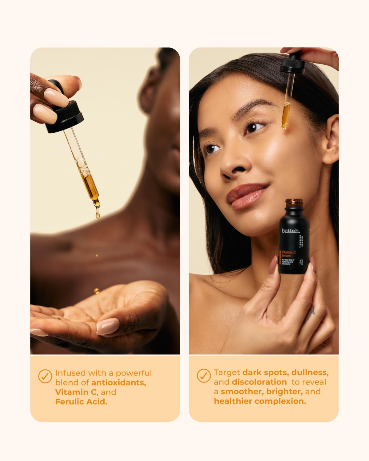 buttah. dropper dispensing serum, showing lightweight texture and absorbency