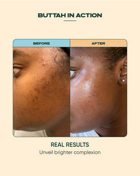 buttah. key ingredients display with ferulic acid and vitamin E benefiting radiance