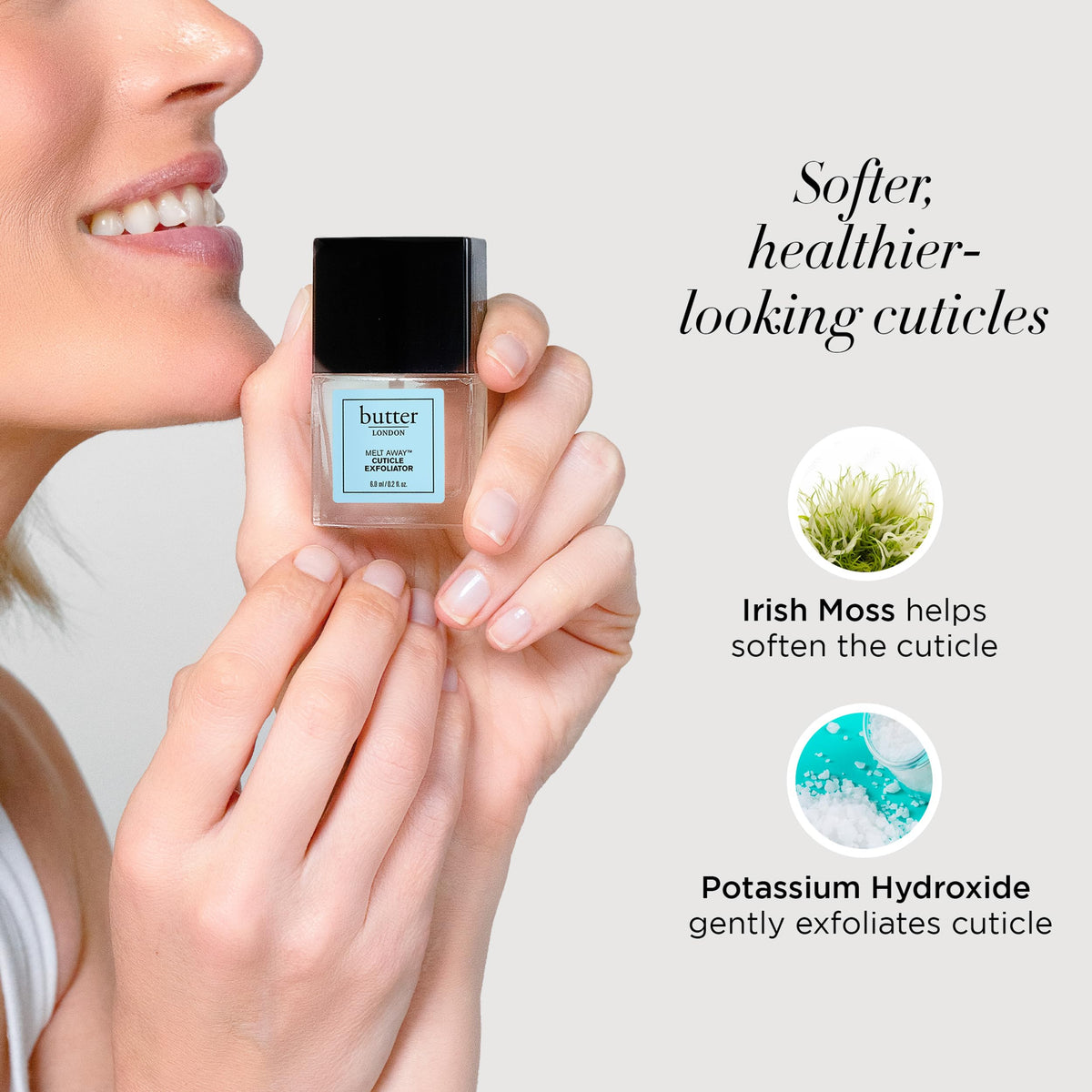 butter LONDON application on a fingernail showing gentle softening benefit