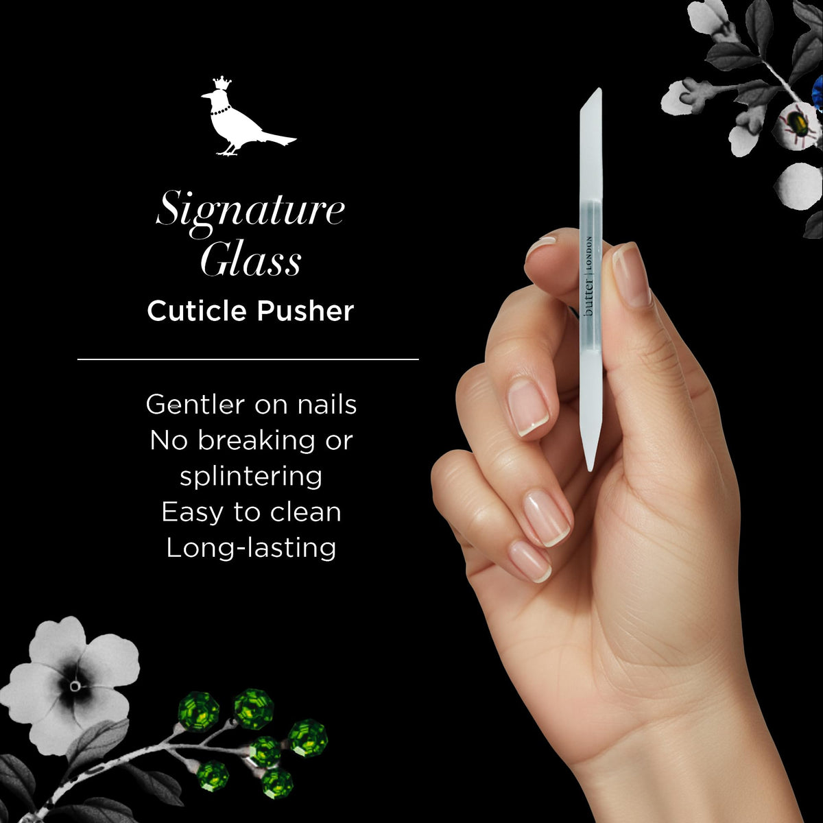 butter LONDON beveled edge close-up showing smooth surface for gentle cuticle pushing