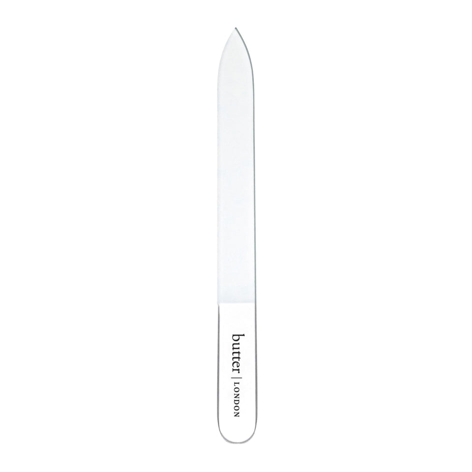 butter LONDON glass file front view showing sleek design and quick shaping benefit