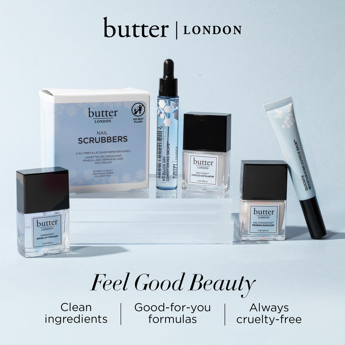 butter LONDON bottle on a vanity suggesting effortless at-home manicure advantage