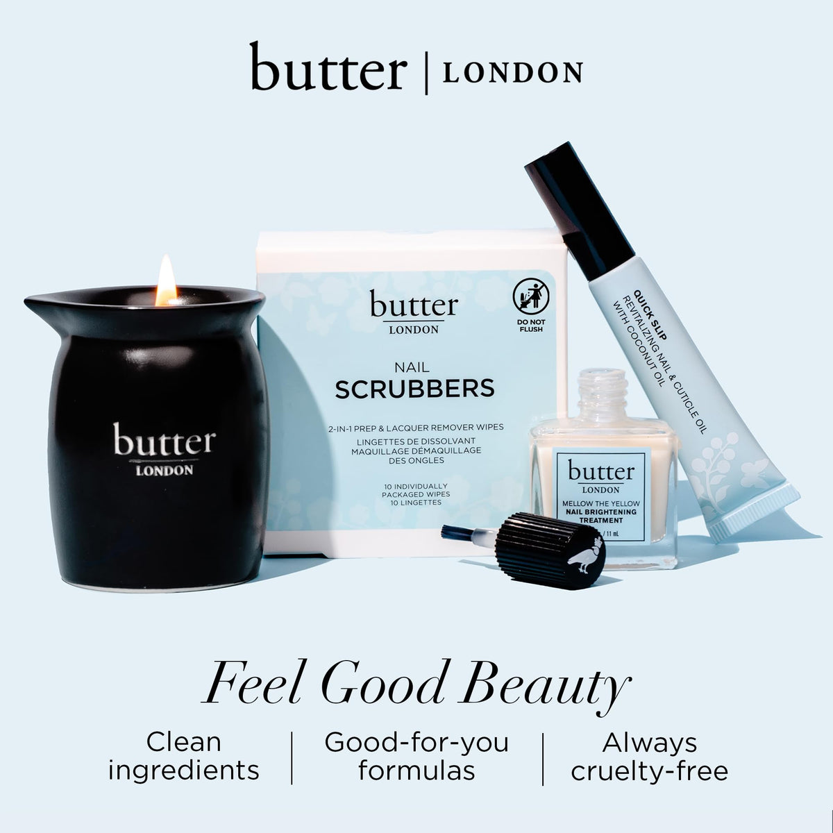 butter LONDON Signature Glass Collection lifestyle scene showing spa-ready manicure tools