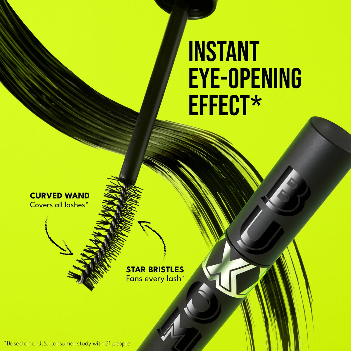 Buxom application on eye illustrating lift and fanned-out lash effect