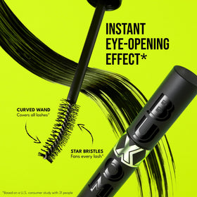 Buxom application on eye illustrating lift and fanned-out lash effect