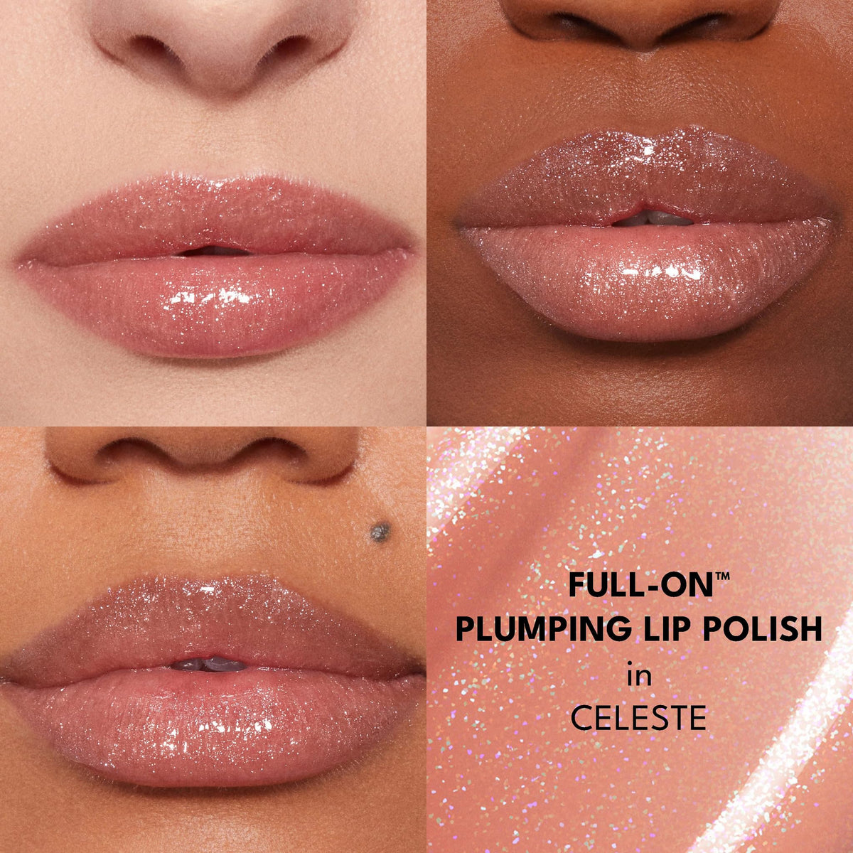 BUXOM Celeste swatch on skin showing pearlescent shimmer and reflective glow benefit