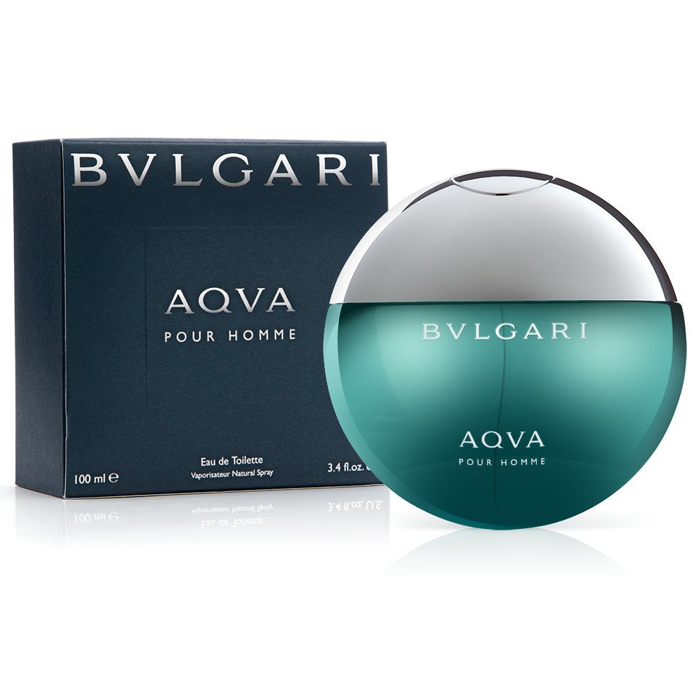 Bvlgari Aqua 3.4 oz bottle beside coins for scale showing travel-friendly size benefit
