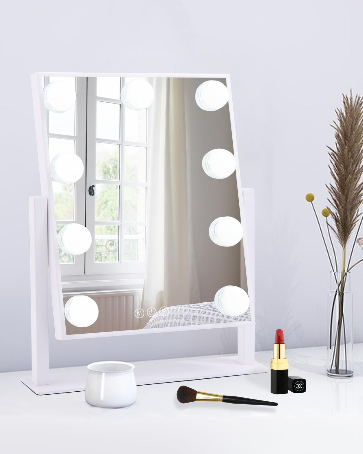 BWLLNI front view of the lighted Hollywood mirror showing full face reflection and balanced lighting