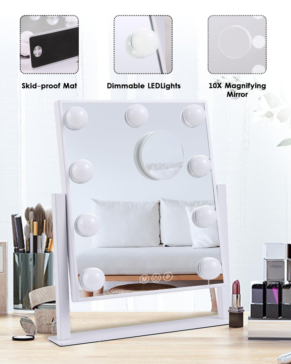 BWLLNI mirror tilted to demonstrate 360-degree rotation and flexible angle control