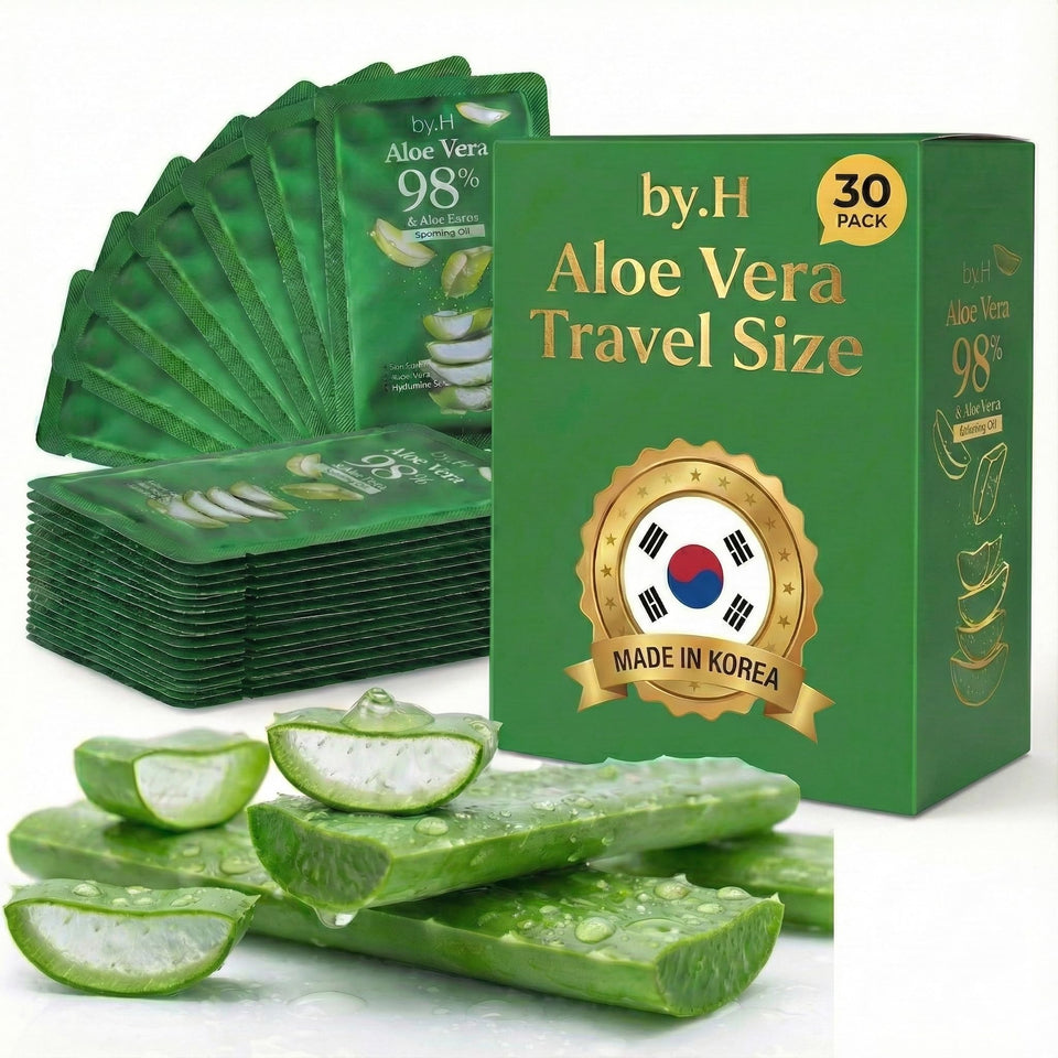 by.H front pack of 30 travel aloe packets showing TSA-ready convenience