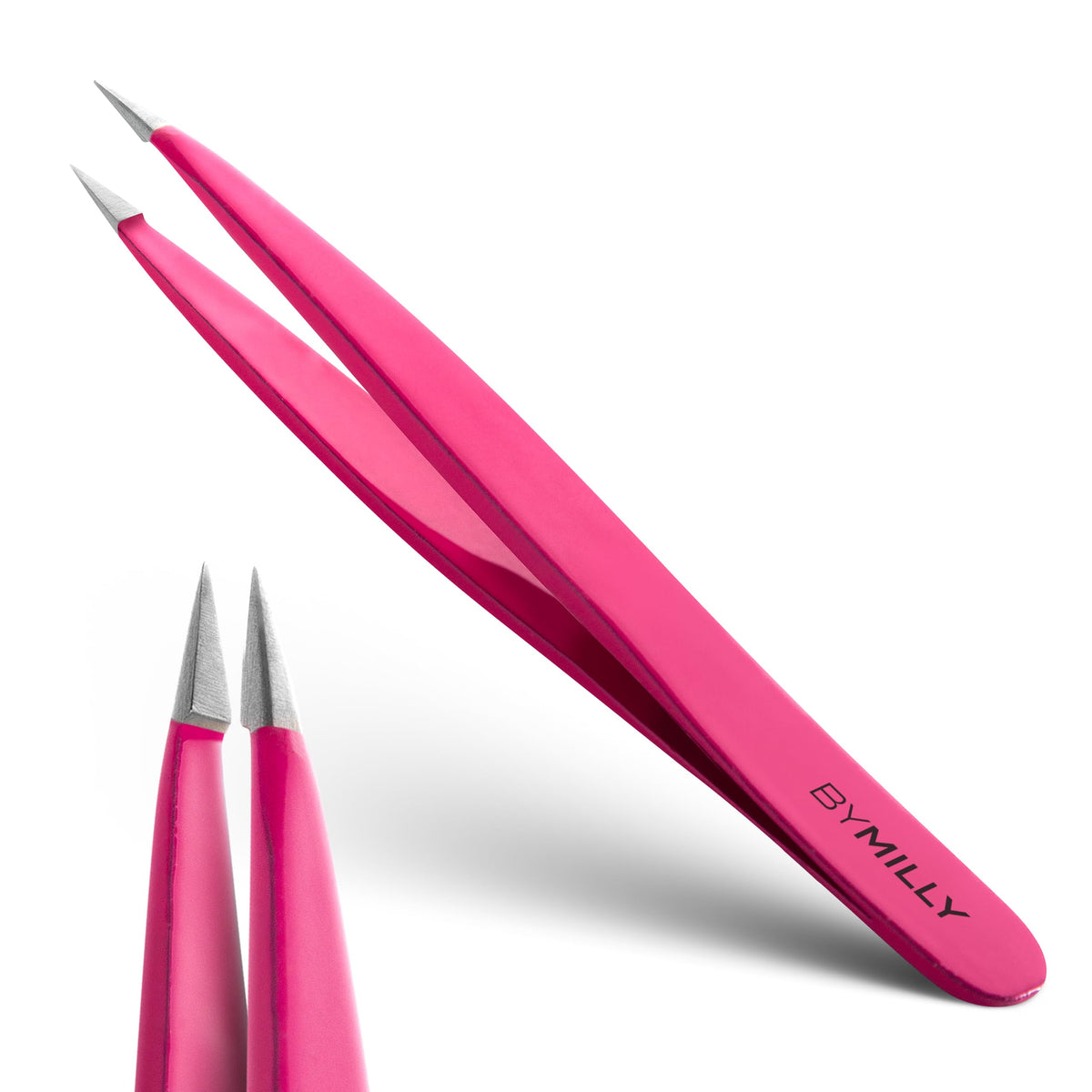 By MILLY front view of pink pointed tweezers showing ergonomic shape and professional finish