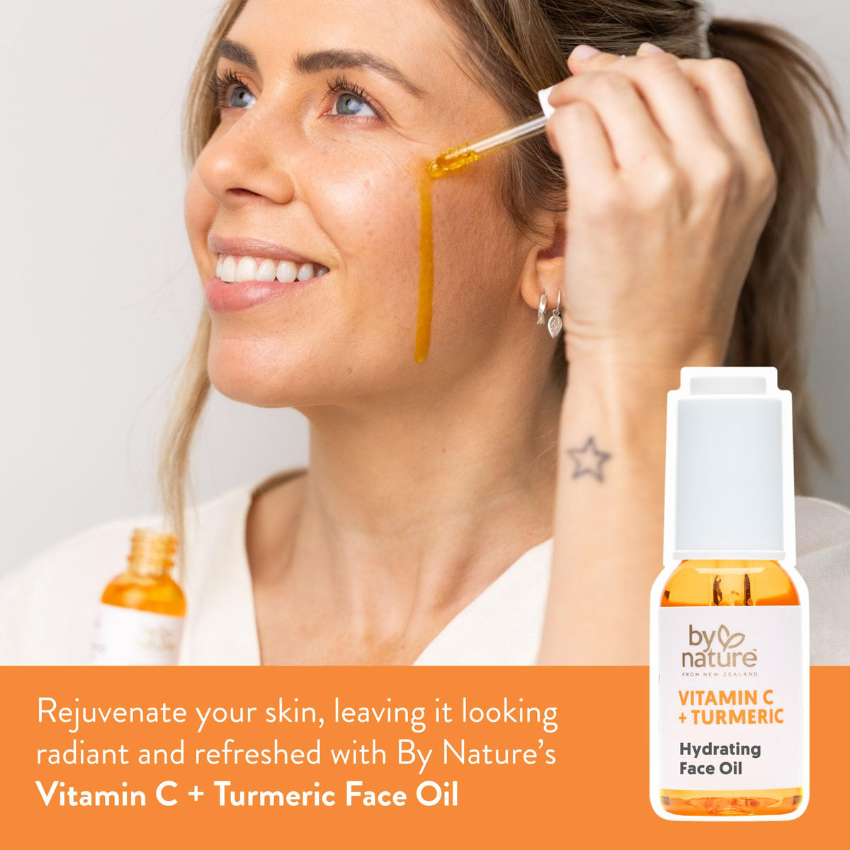 By Nature dropper dispensing a clear vitamin C oil delivering precise, no-waste application