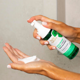 By Nature foam texture on hand rinsing easily, shows non-stripping finish