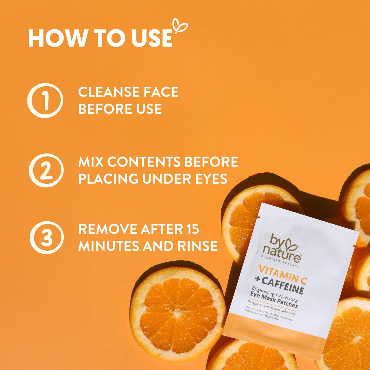 By Nature patches applied under eyes demonstrating quick refresh benefit