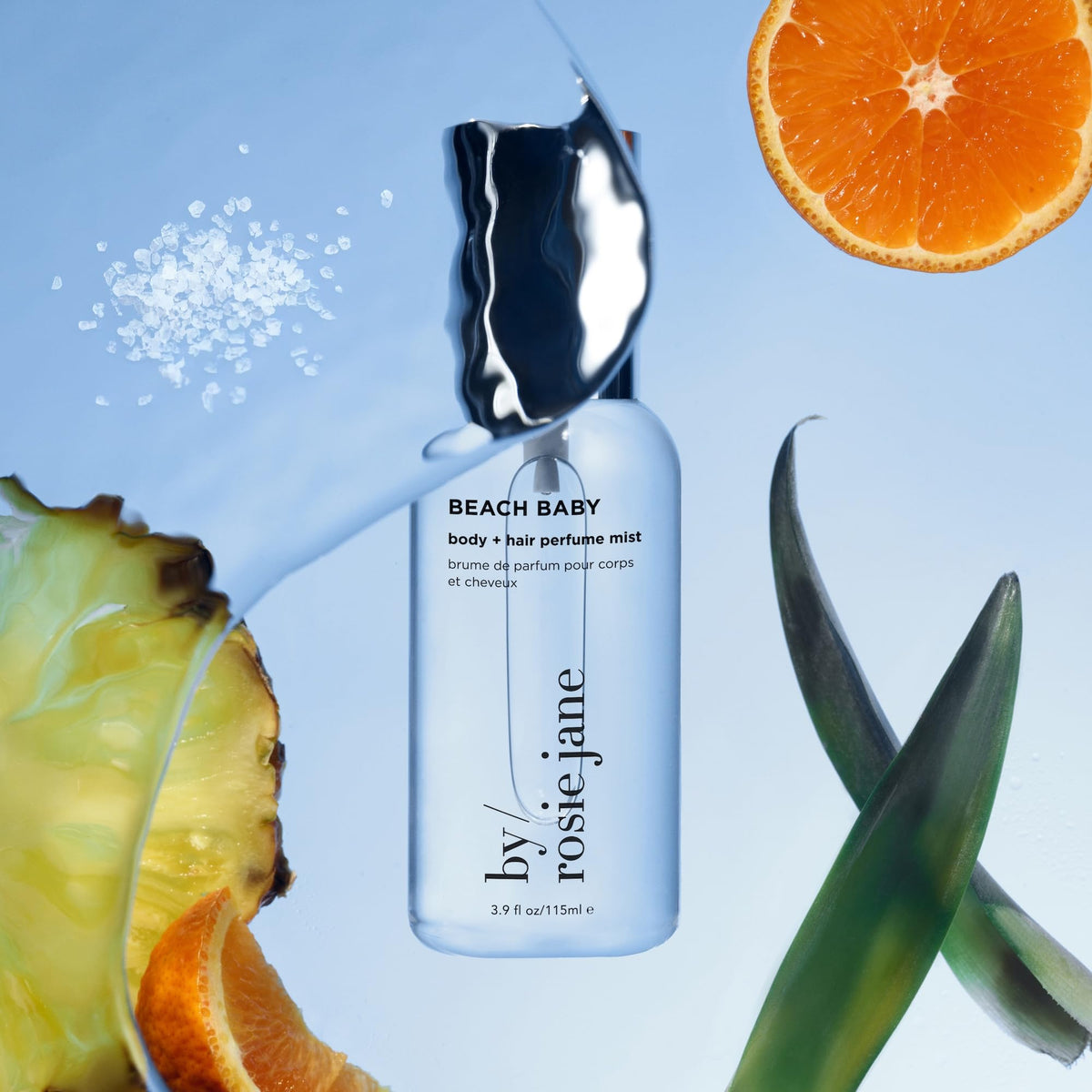 By Rosie Jane mist spraying from bottle onto skin, fast refreshing benefit