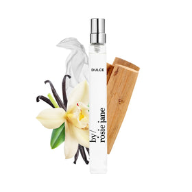 By Rosie Jane Dulce front packaging showing compact travel bottle and label for portability