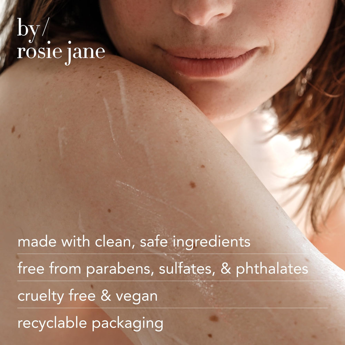 By Rosie Jane label closeup showing clean-ingredient claims and scent notes