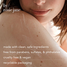 By Rosie Jane label closeup showing clean-ingredient claims and scent notes
