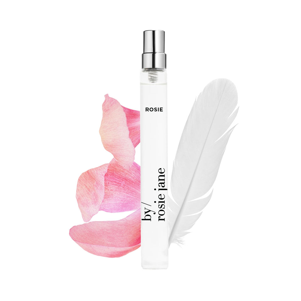 By Rosie Jane travel spray front packaging showing compact 10ml bottle and label benefit: easy carry