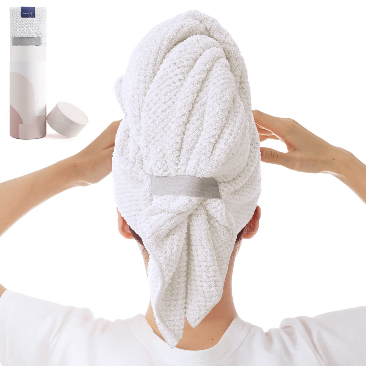 BYCOO front view of oversized white microfiber hair towel showing shape and size for fast drying