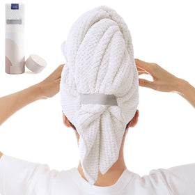 BYCOO front view of oversized white microfiber hair towel showing shape and size for fast drying