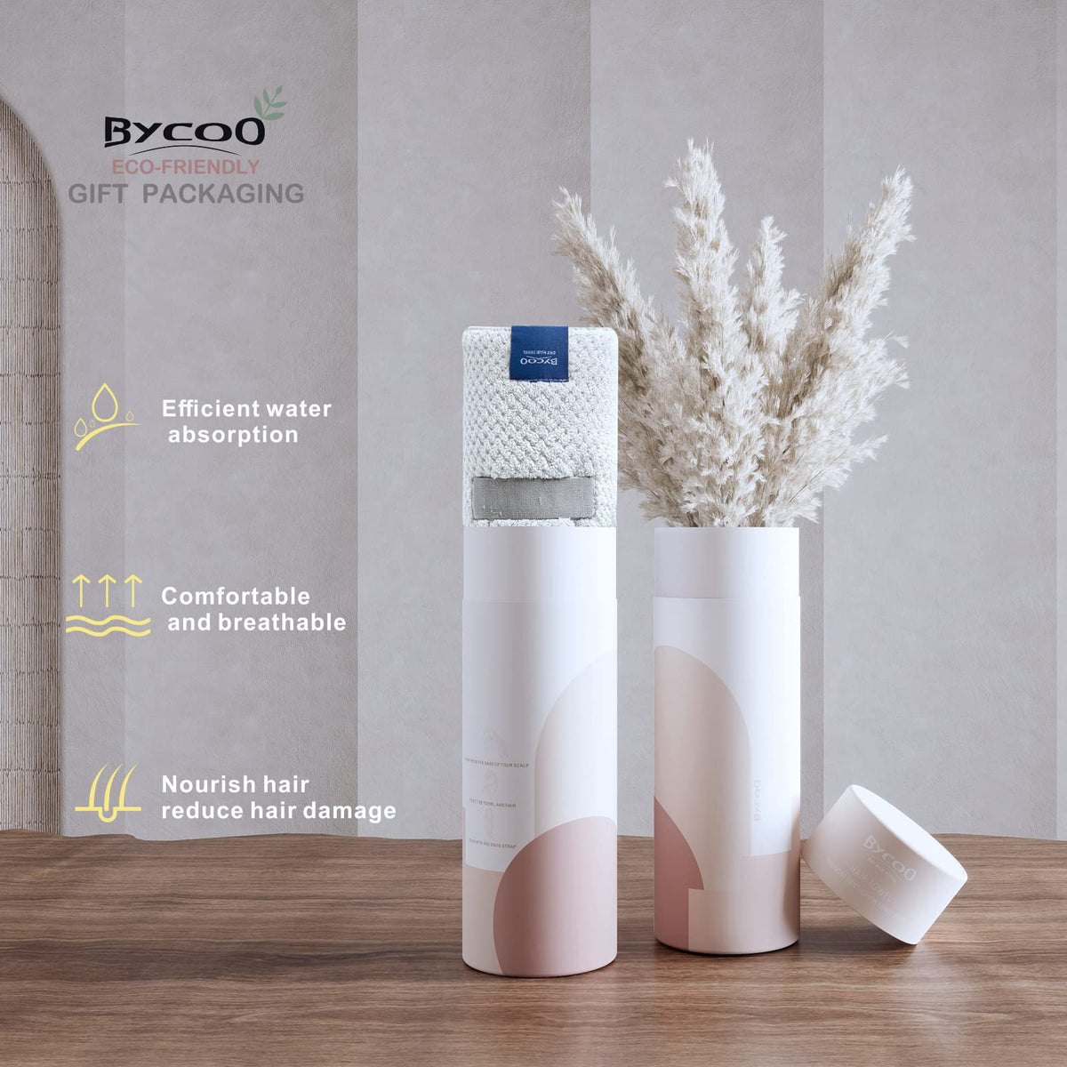 BYCOO towel on bathroom shelf with spa items suggesting gentle, family-friendly drying