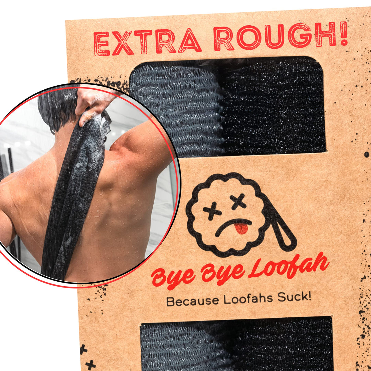 Bye Bye Loofah front packaging showing two-color 2-pack and product benefits