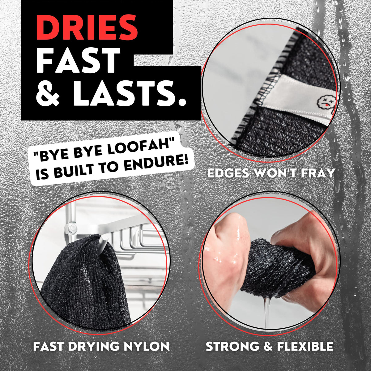 Bye Bye Loofah reinforced hanging loop for quick drying and hygienic storage