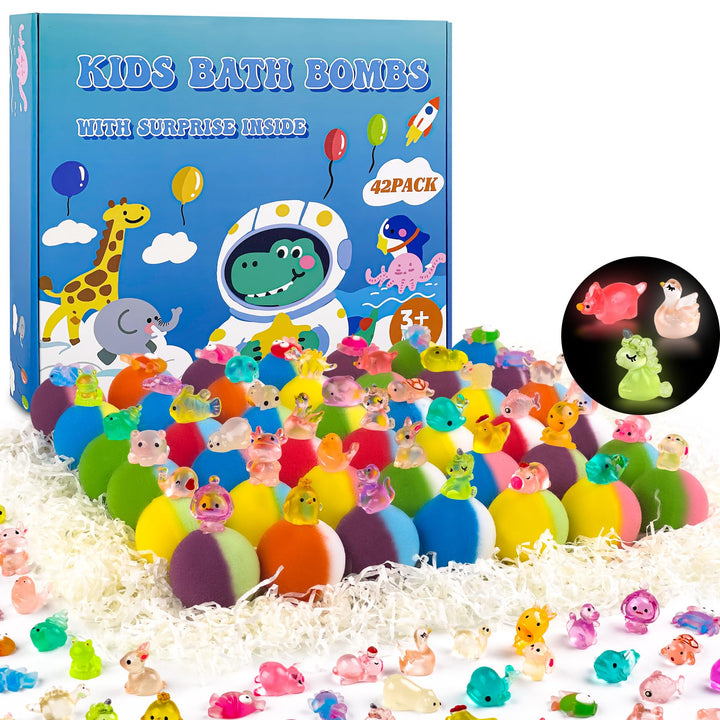 BYGGVIR front packaging showing 42 colorful bath bombs and gift box benefit fun gifting