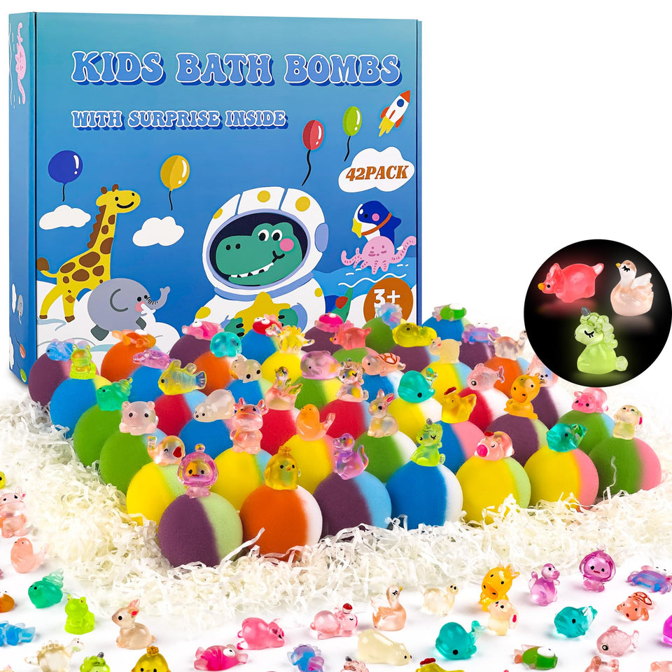 BYGGVIR front packaging showing 42 colorful bath bombs and gift box benefit fun gifting