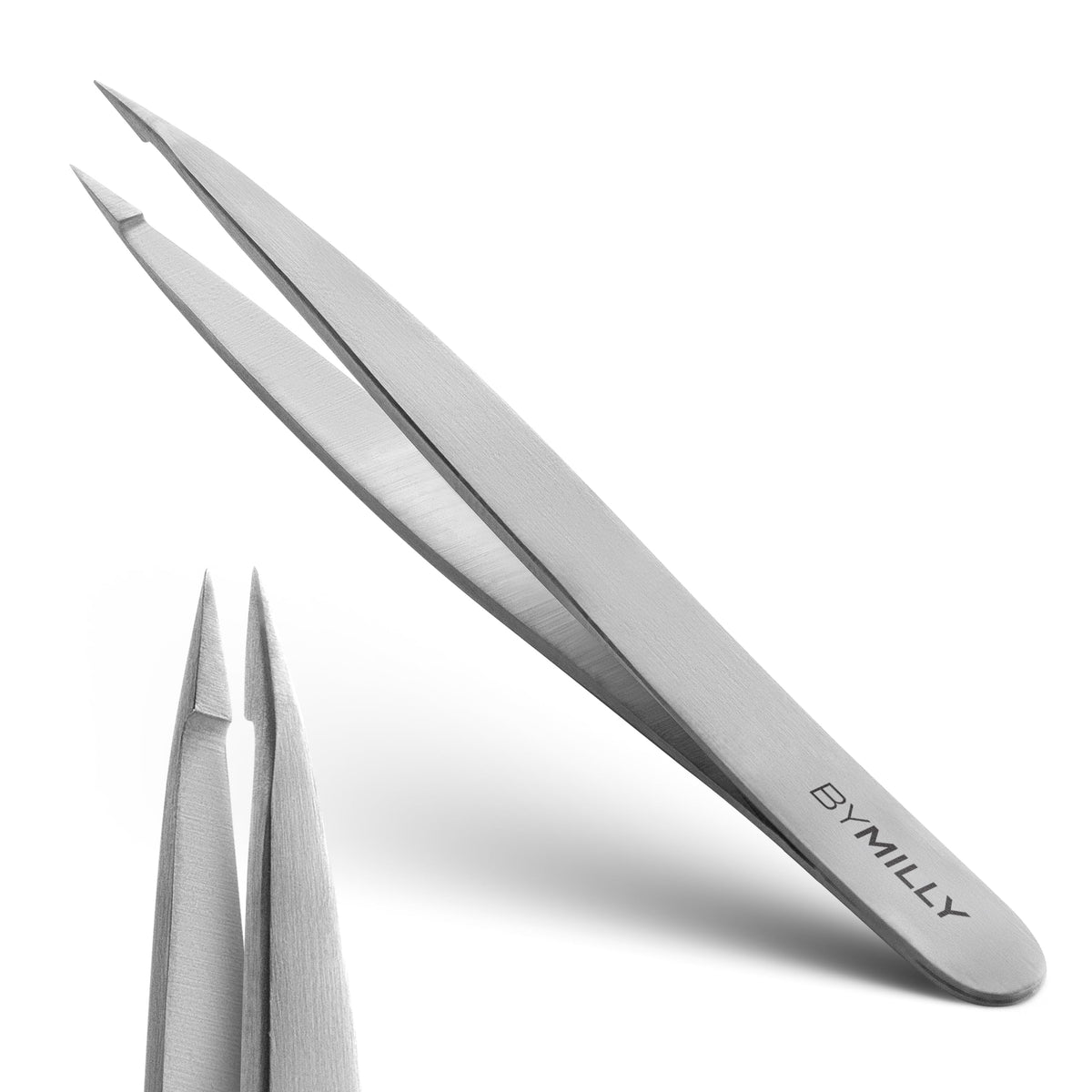 By MILLY front view of pointed tweezers showing slim silhouette and grip comfort