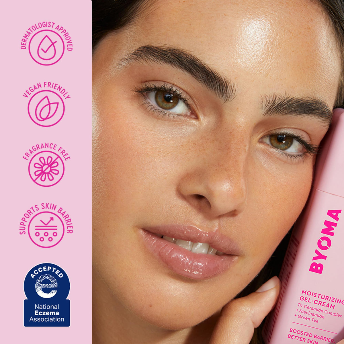 BYOMA before and after absorption showing reduced shine and hydrated skin