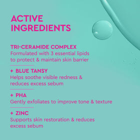 BYOMA bottle label close-up highlighting ceramides, PHA, zinc ingredient benefits