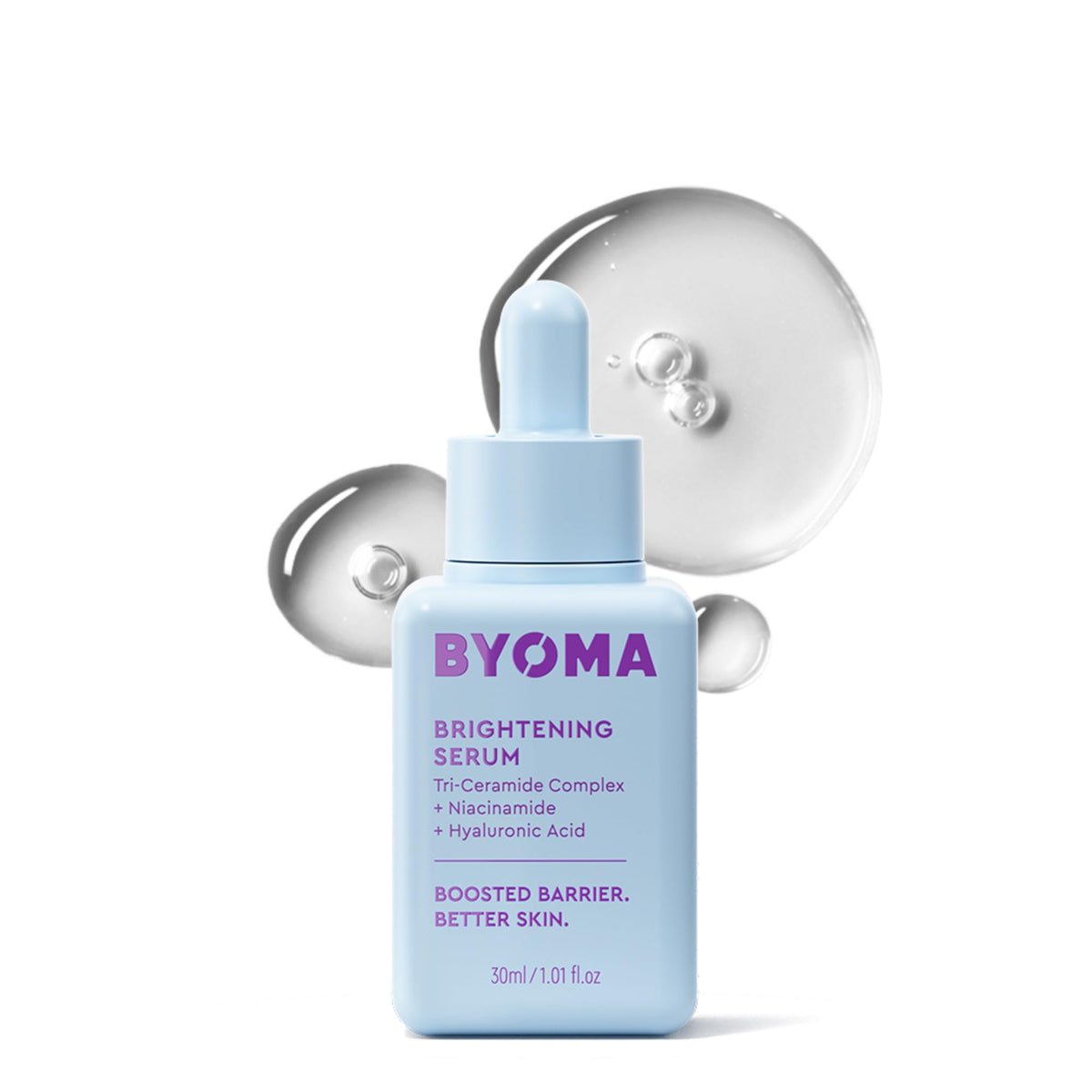BYOMA bottle front view showing brightening serum and clear label benefit