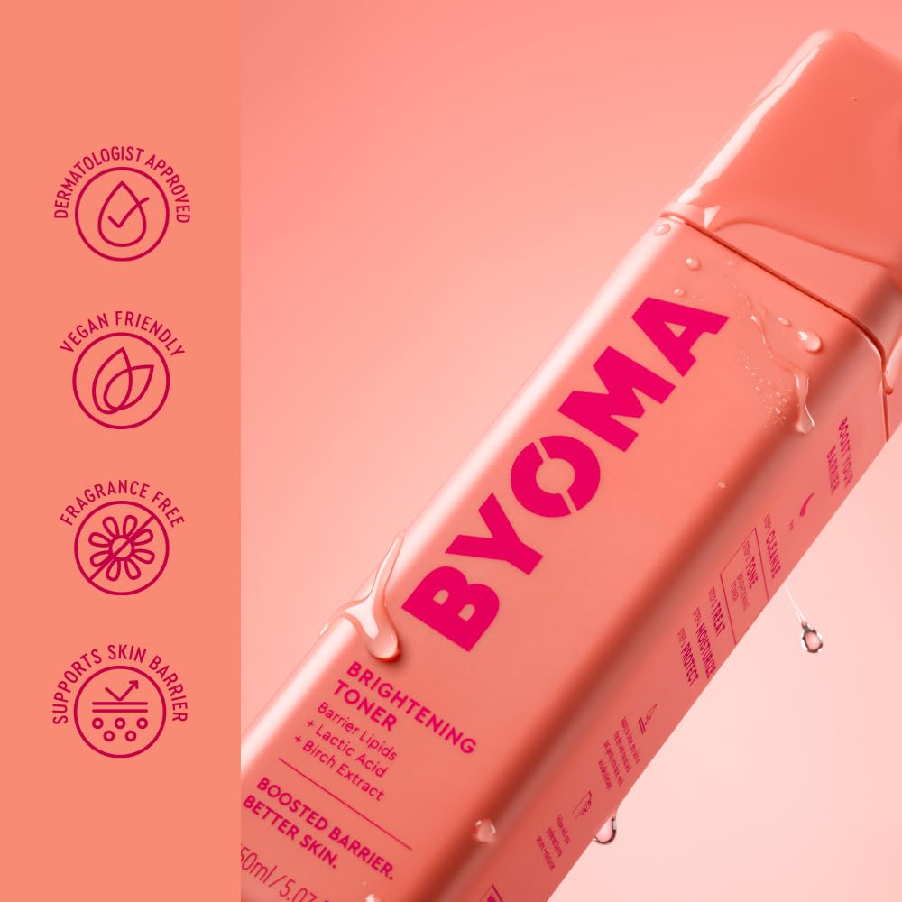 BYOMA brightening toner in hand scale showing 5.07 fl oz size and travel convenience