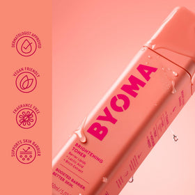 BYOMA brightening toner in hand scale showing 5.07 fl oz size and travel convenience