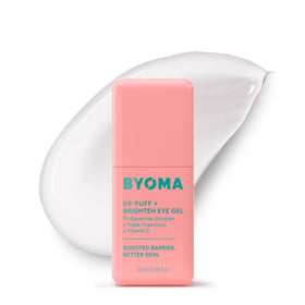 BYOMA front packaging showing compact eye gel bottle and branding benefits