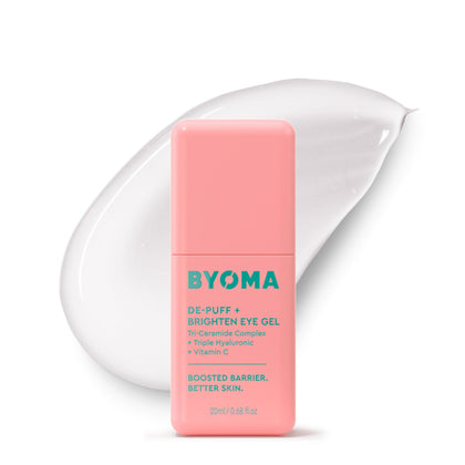 BYOMA front packaging showing compact eye gel bottle and branding benefits