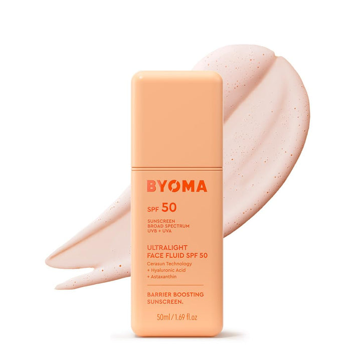 BYOMA front packaging of SPF 50 face fluid showing sleek bottle and label benefits