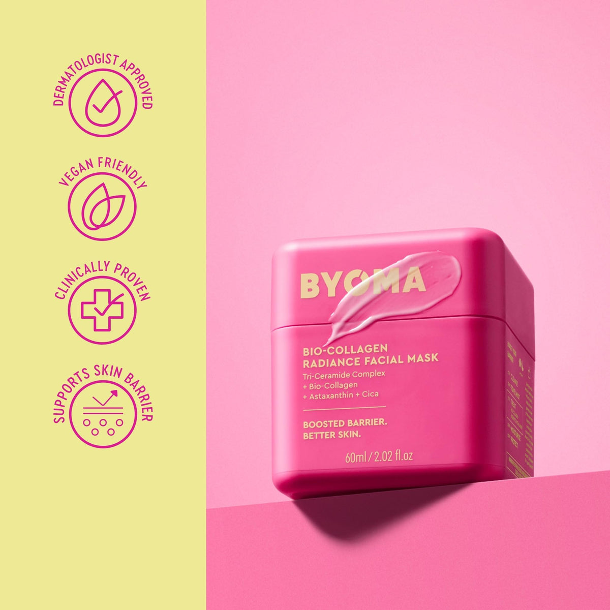 BYOMA ingredient focus on Bio-Collagen capsules emphasizing visible elasticity benefit