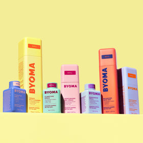 BYOMA refill on bathroom counter among skincare items showing routine use