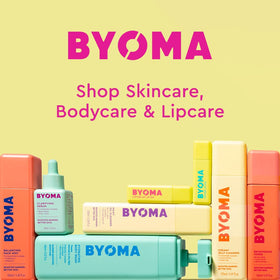 BYOMA lotion next to sunscreen suggesting layered skincare for protected radiance