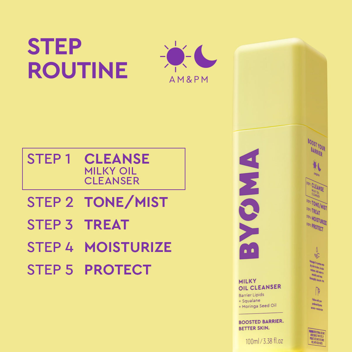 BYOMA label close-up showing claims, fragrance-free and dermatology-tested benefit