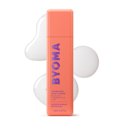 BYOMA bottle front view showing milky toner and dewy finish benefit